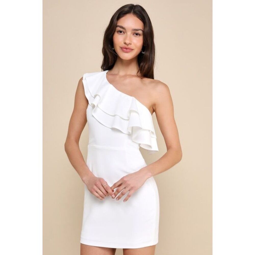Lulus Enticing Behavior White Ruffled One-shoulder Mini Dress - Size XS